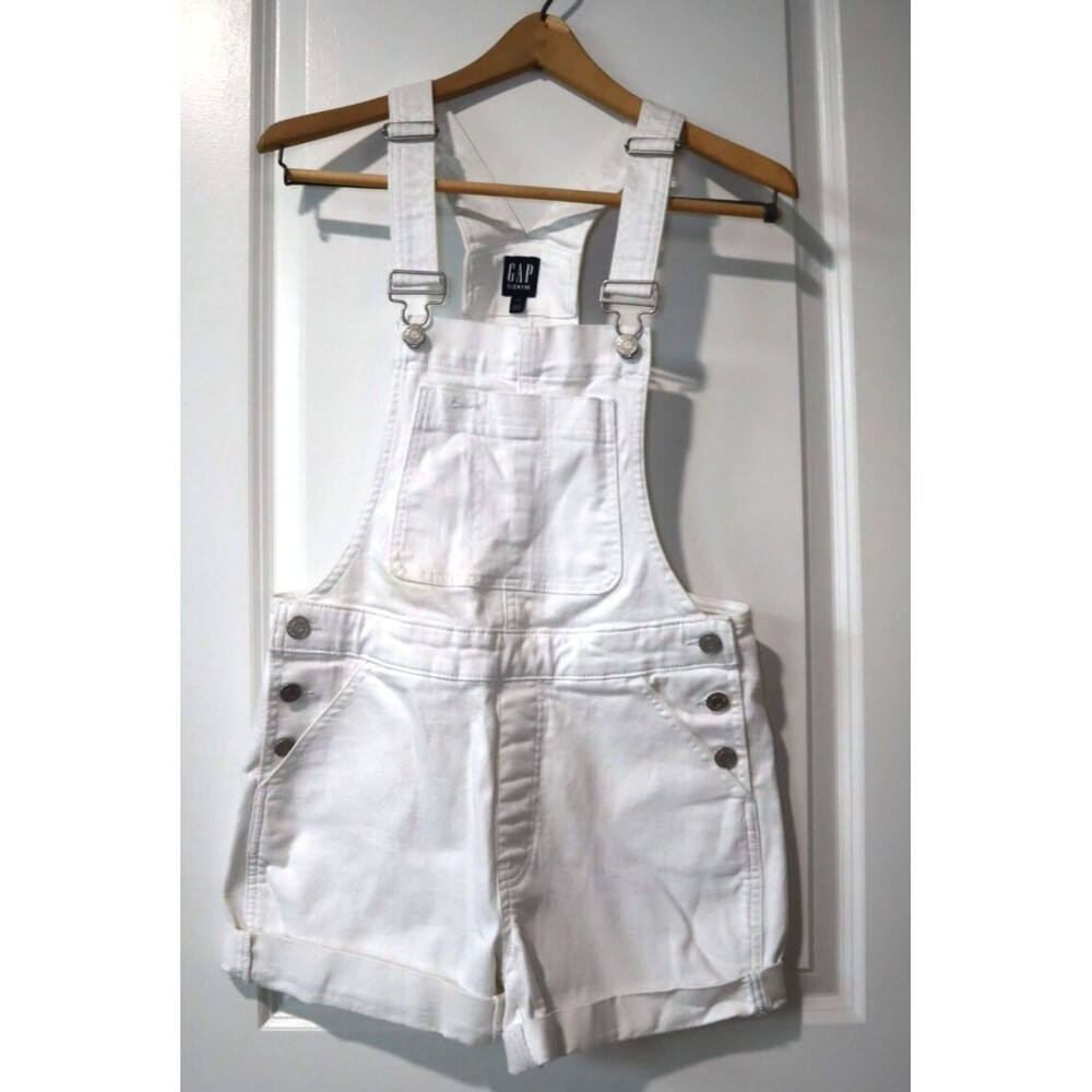 GAP Denim Womens Optic White Cuffed Hem Shortall Overalls Size XS Extra Small - Picture 2 of 16